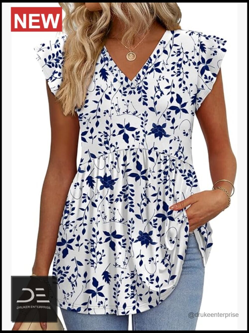 V-Neck Babydoll Top with Ruffle Sleeves Flowy Blouse
